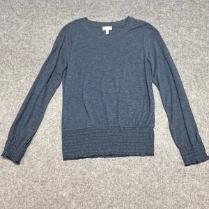 Olivia Sky Womens Blue Smocked Waist Long Sleeve Pullover Top Size M